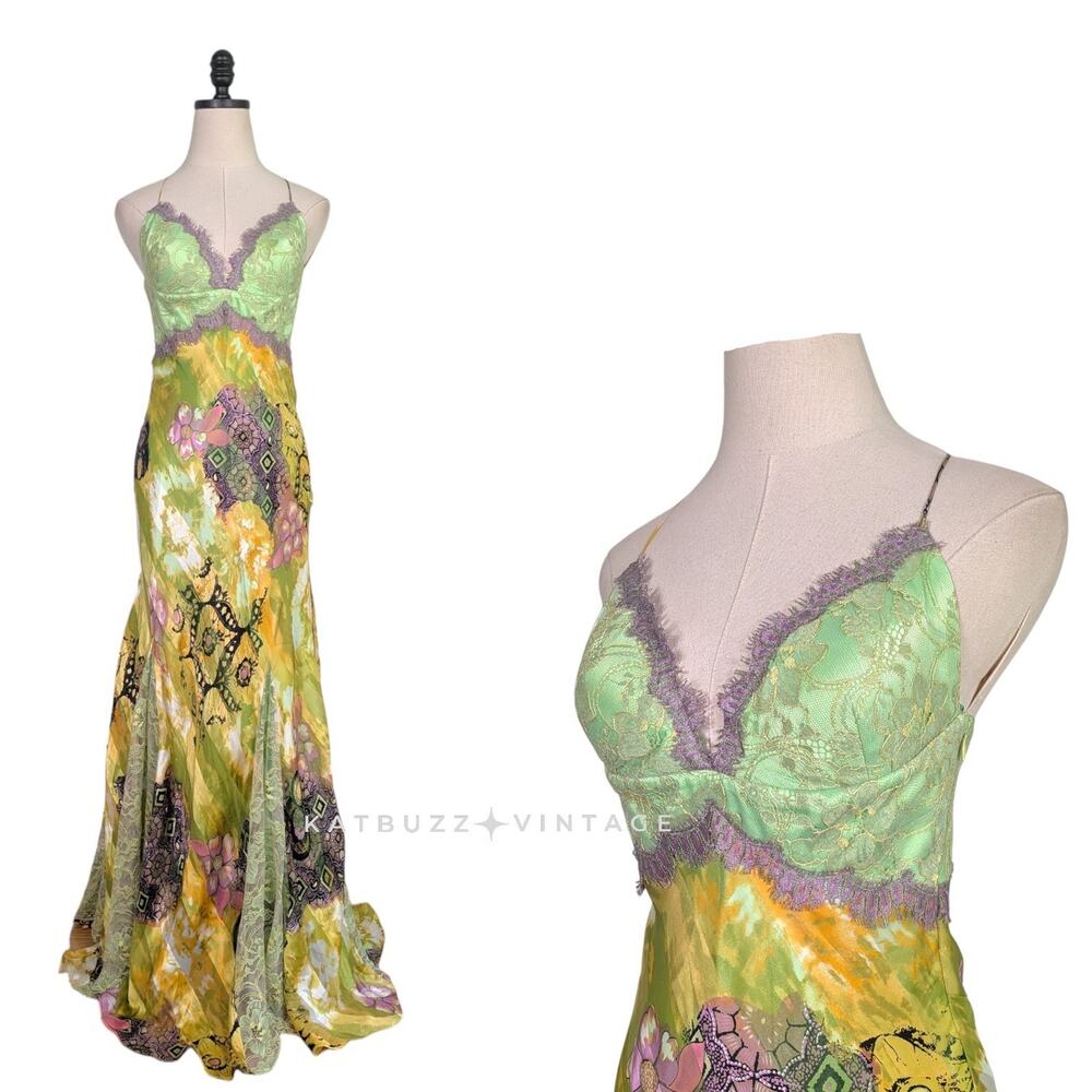 Vintage Silk Prom Dress Maxi Gown 6 Green Multi Y2K Lace Glam Floral Birthday